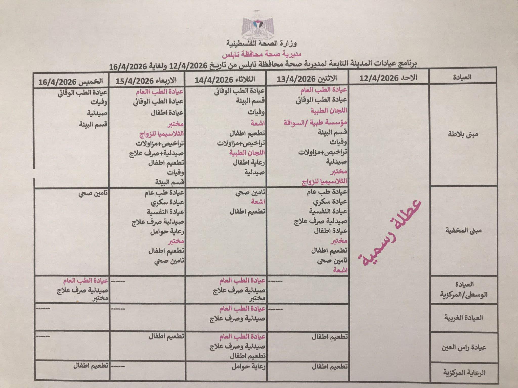 برنامج عيادات المدينة التابعه لمديرية صحة محافظة نابلس