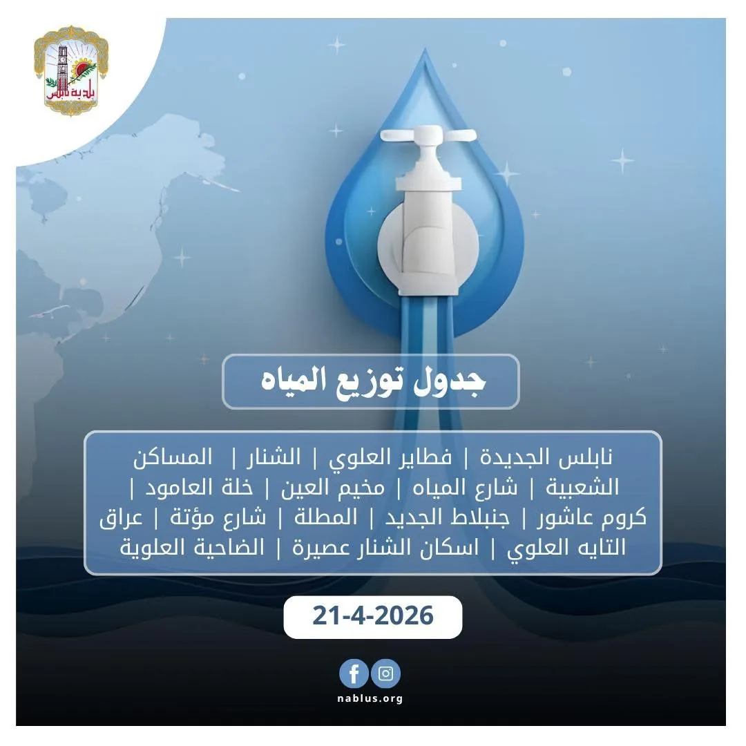 جدول توزيع المياه اليوم الثلاثاء