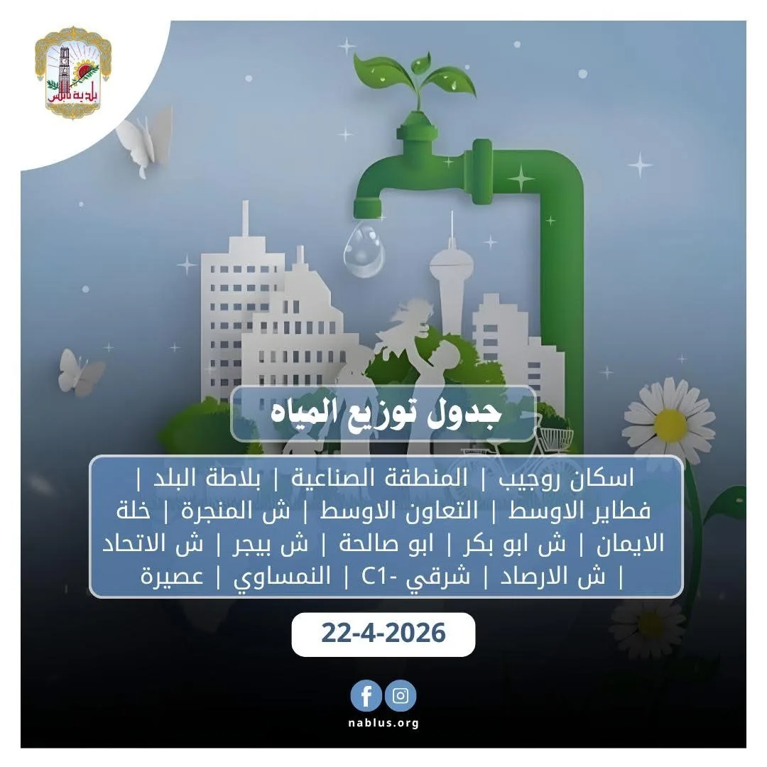 جدول توزيع المياه اليوم الأربعاء