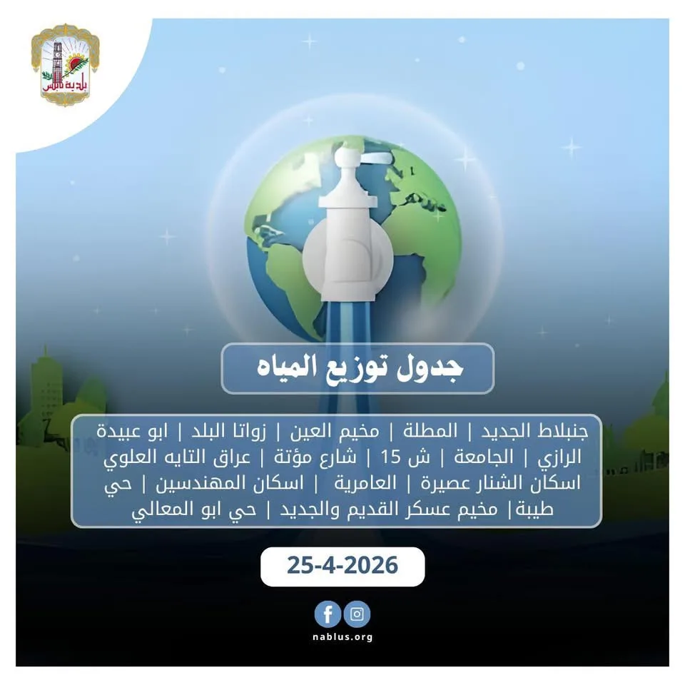 جدول توزيع المياه في نابلس اليوم السبت