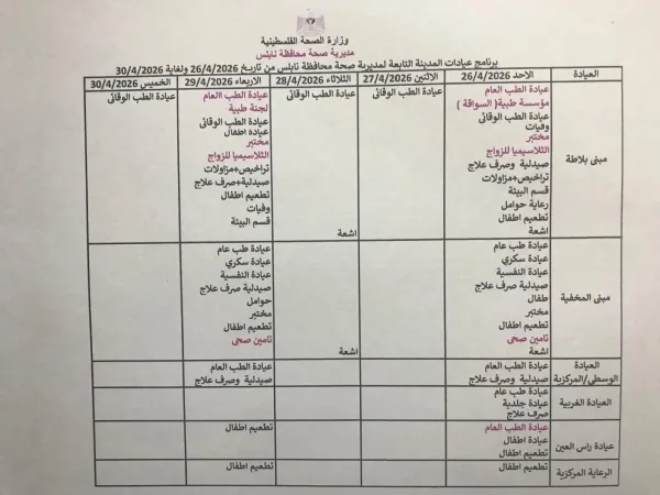 برنامج عيادات مديرية صحة نابلس لهذا الاسبوع