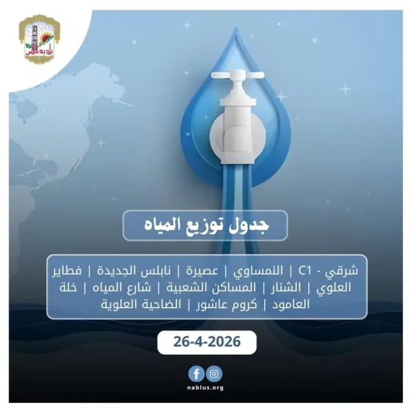 جدول توزيع المياه في نابلس اليوم الاحد