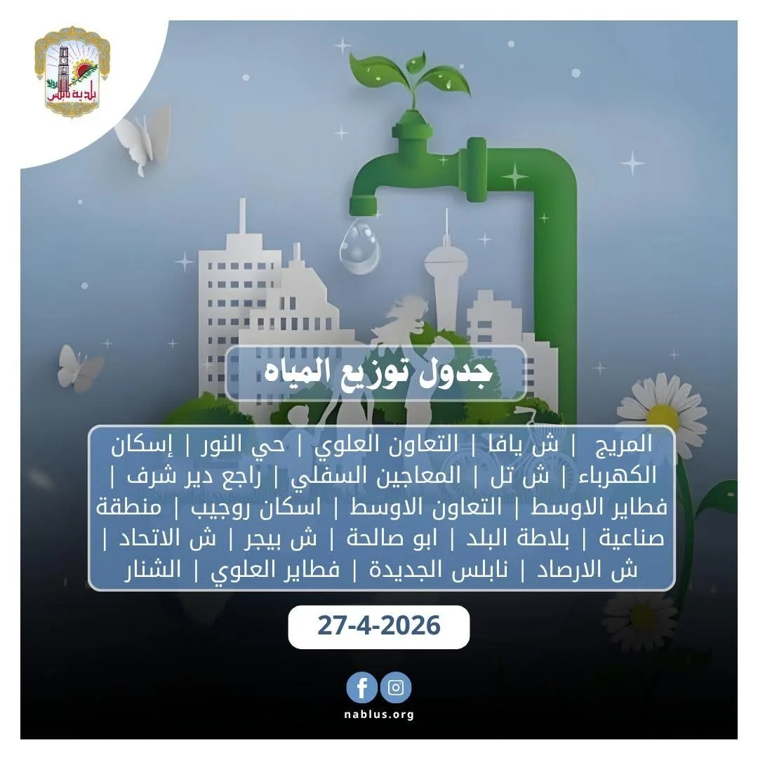 جدول توزيع المياة في نابلس اليوم الاثنين