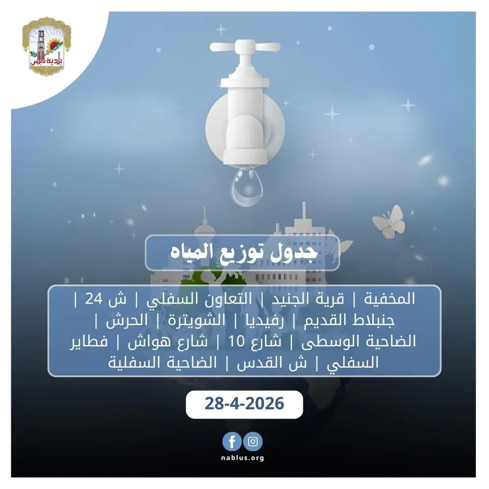 جدول توزيع المياه في نابلس اليوم الثلاثاء