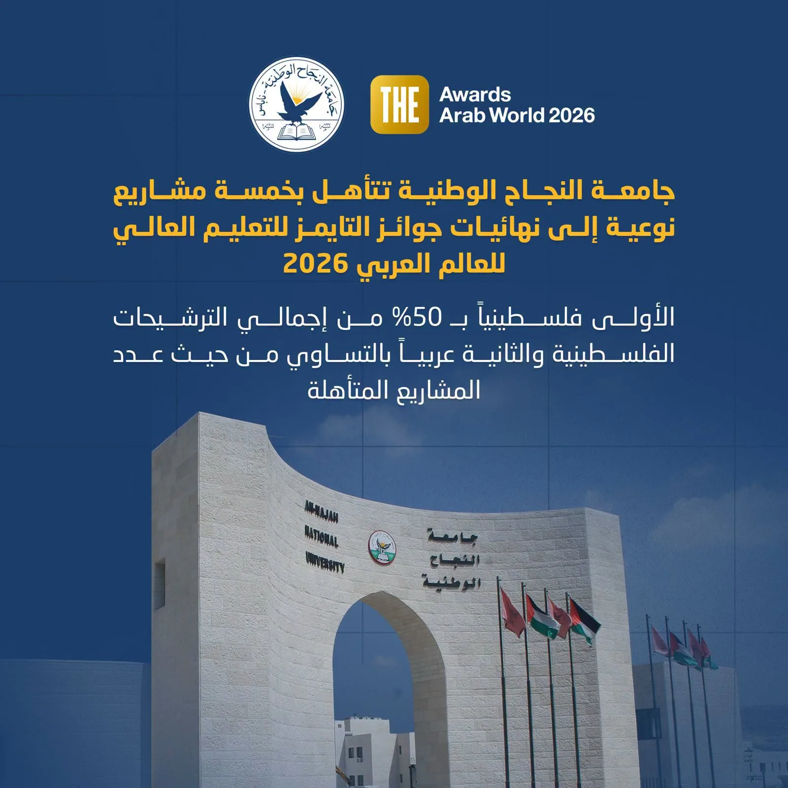 جامعة النجاح الوطنية تتأهل بخمسة مشاريع نوعية إلى نهائيات جوائز التايمز للتعليم العالي للعالم العربي 2026