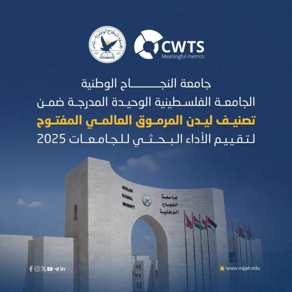 جامعة النجاح الوطنية الجامعة الفلسطينية الوحيدة المدرجة ضمن تصنيف ليدن المرموق العالمي المفتوح لتقييم الأداء البحثي للجامعات 2025